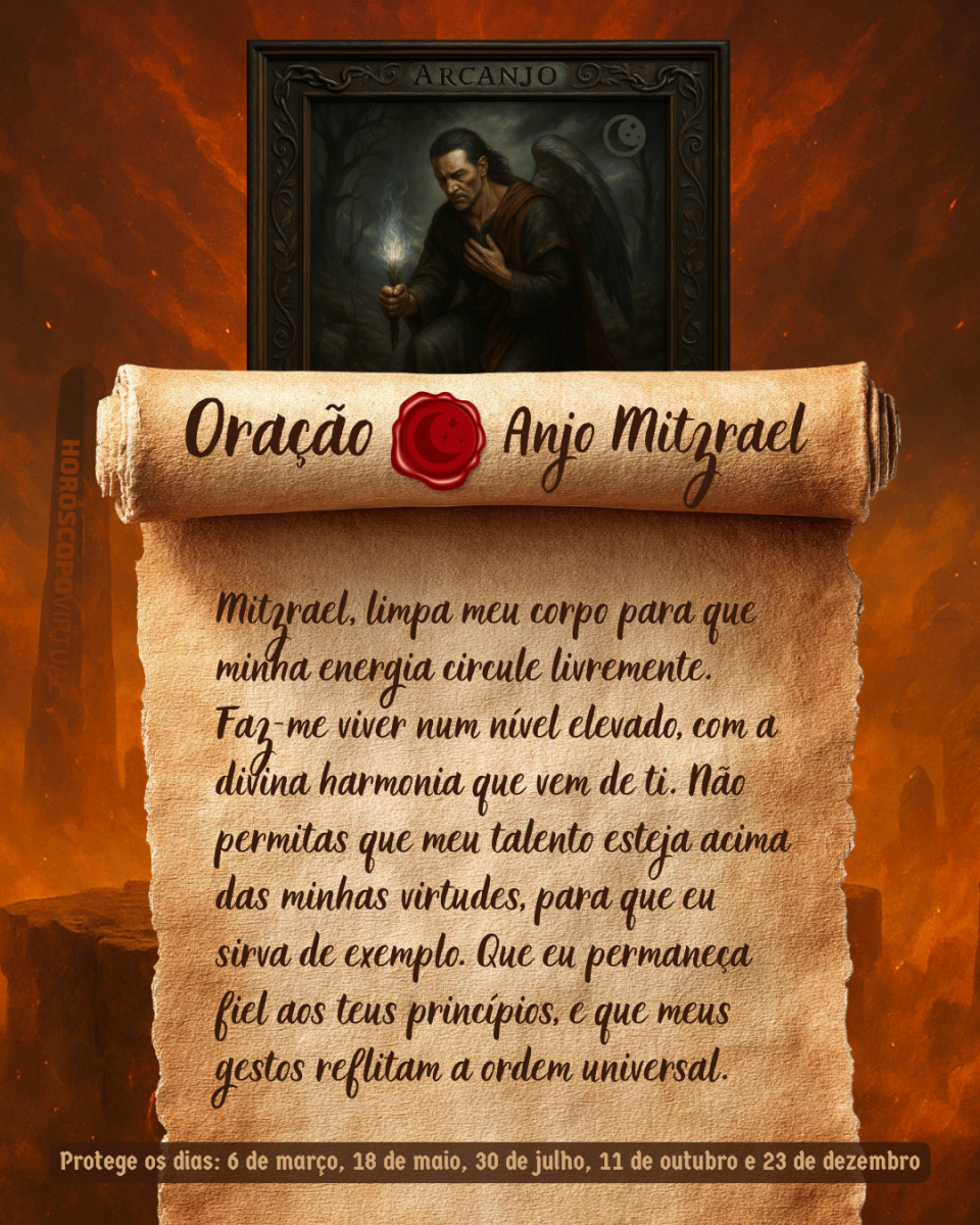 HORÓSCOPO ViRTUaL / Canva Imagem vertical, com fundo em tons de laranja e marrom. Na parte superior, há um quadro representando um anjo. Um pergaminho antigo ocupa a maior parte da imagem e apresenta o título “Oração Anjo Mitzrael” e a oração: