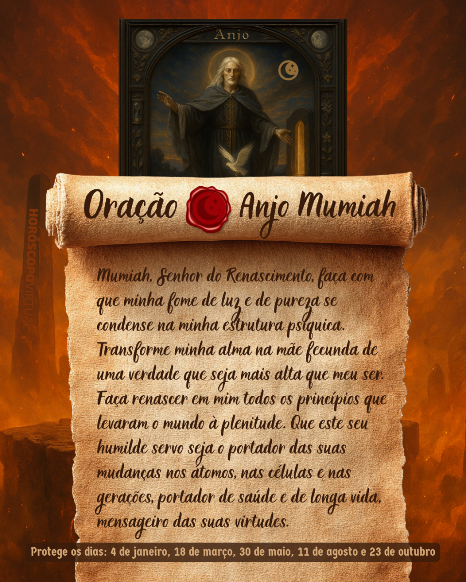 Imagem vertical, com fundo em tons de laranja e marrom. Na parte superior, há um quadro representando um anjo. Um pergaminho antigo ocupa a maior parte da imagem e apresenta o título “Oração Anjo Mumiah” e a oração: 