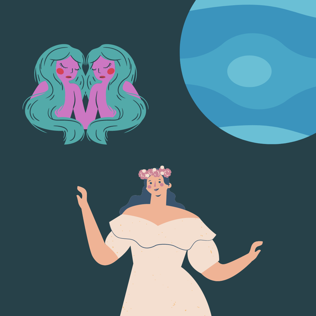 Representação de Netuno em gêmeos por meio de uma ilustração de uma mulher com coroa de flores na cabeça