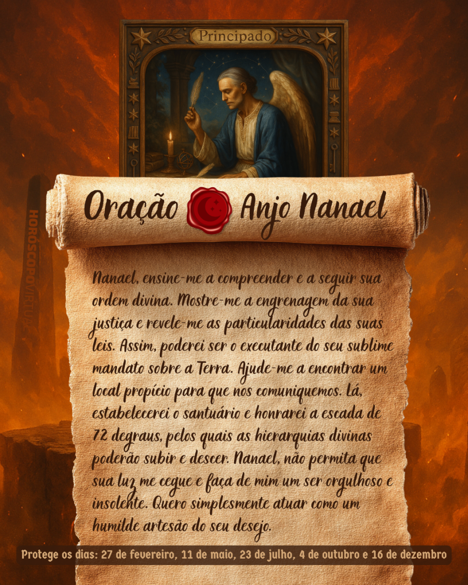 HORÓSCOPO ViRTUaL / Canva Imagem vertical, com fundo em tons de laranja e marrom. Na parte superior, há um quadro representando um anjo. Um pergaminho antigo ocupa a maior parte da imagem e apresenta o título “Oração Anjo Nanael” e a oração: