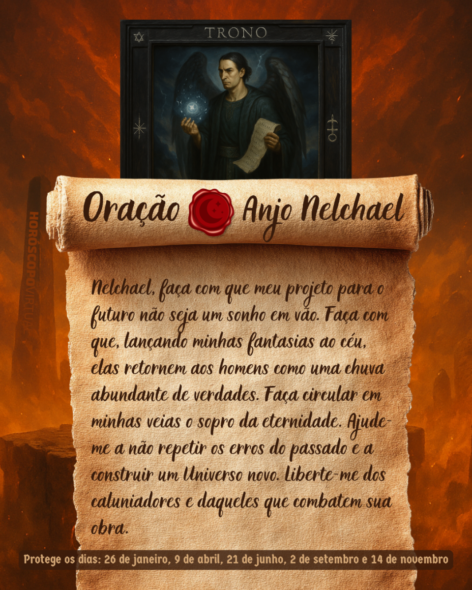 Imagem vertical, com fundo em tons de laranja e marrom. Na parte superior, há um quadro representando um anjo. Um pergaminho antigo ocupa a maior parte da imagem e apresenta o título “Oração Anjo Nelchael” e a oração: 