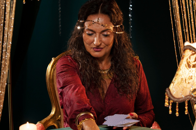 Cigana em uma mesa lendo cartas