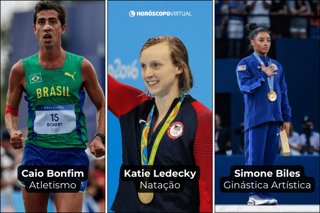 Montagem com os atletas olímpicos: Caio Bonfim, Katie Ledecky e Simone Biles.
