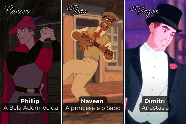 Montagem com imagens dos príncipes de contos de fadas  Phillip, Naveen e Dimitri.