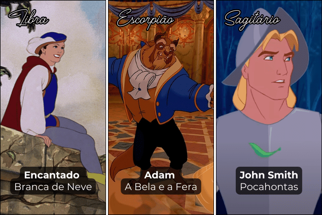 Montagem com imagens dos príncipes de contos de fadas Encantado, Adam e do Capitão John Smith.