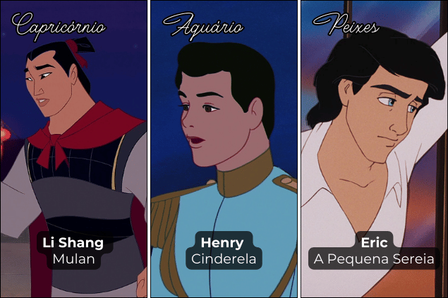 Montagem com imagens dos príncipes de contos de fadas Li Shang, Henry e Eric.