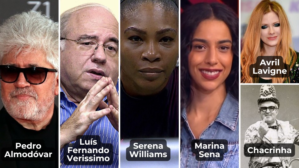Montagem com fotos de Pedro Almodóvar, Luís Fernando Veríssimo, Serena Williams, Marina Sena, Avril Lavigne e Chacrinha.