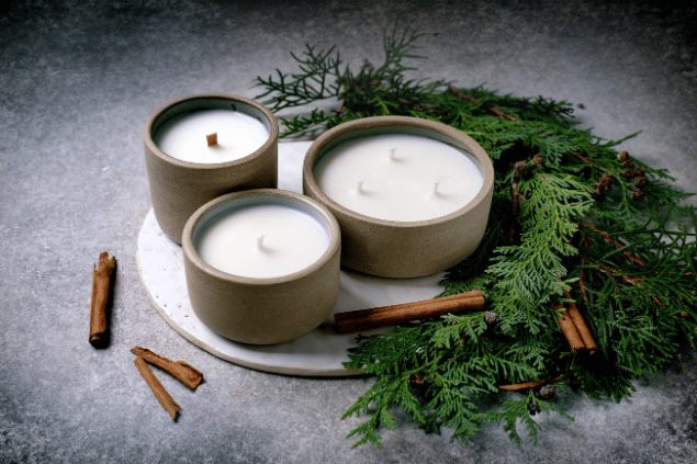 Na imagem, há alguns recipientes com velas em cima de uma mesa. Ao lado, há plantas e palo santo.