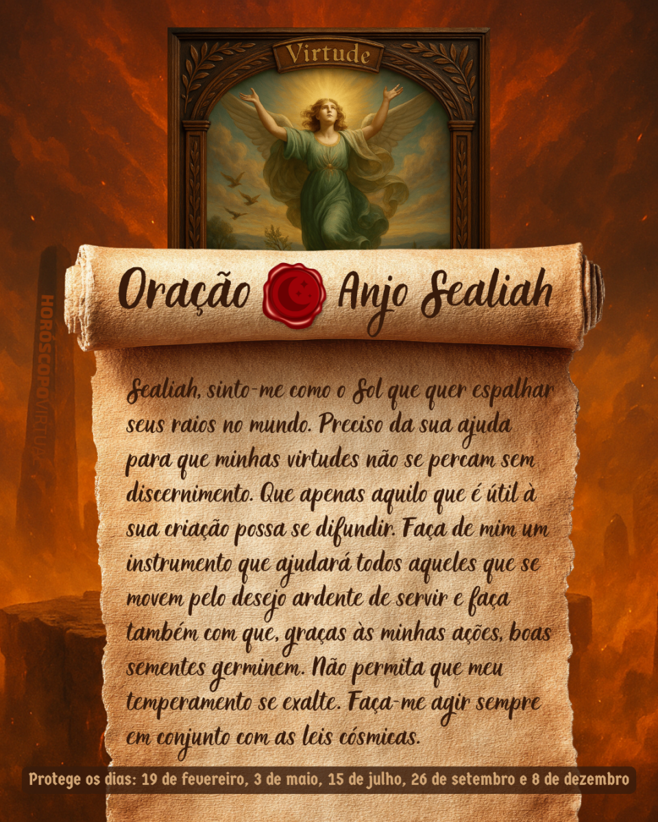 Imagem vertical, com fundo em tons de laranja e marrom. Na parte superior, há um quadro representando um anjo. Um pergaminho antigo ocupa a maior parte da imagem e apresenta o título “Oração Anjo Sealiah” e a oração: 