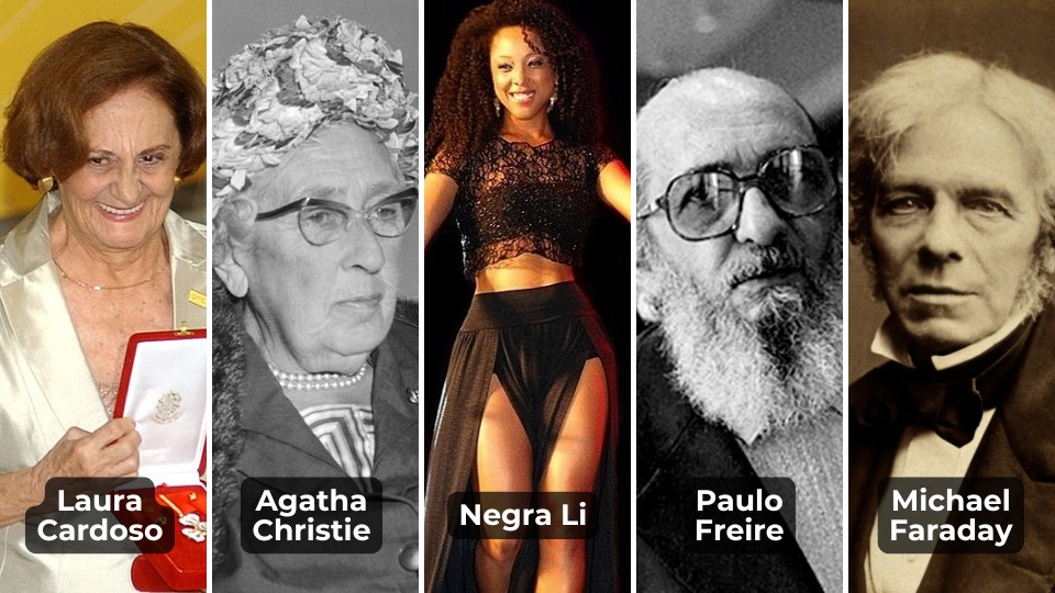 Montagem com fotos de Laura Cardoso, Agatha Christie, Negra Li, Paulo Freire e Michael Faraday.