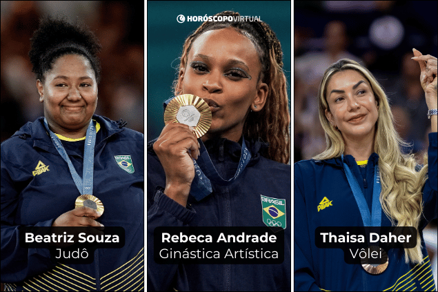 Montagem com as atletas olímpicas: Beatriz Souza, Rebeca Andrade e Thaisa Daher.