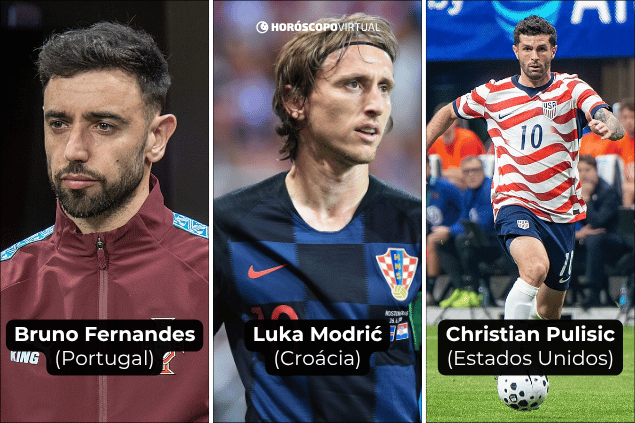 Montagem com os jogadores: (1) Bruno Fernandes (2) Luka Modrić (3) Christian Pulisic.