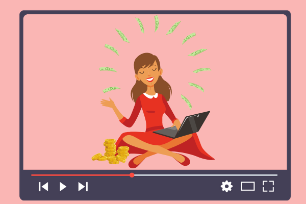 Ilustração com notebook no colo e dinheiro em volta com borda do youtube