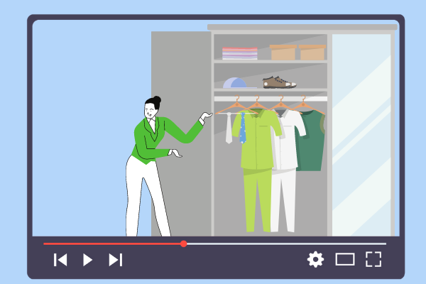 Ilustração de Mulher organizando guarda-roupa com borda do youtube