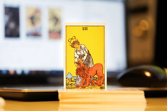 Na imagem, há a carta A Força do Tarot na posição normal e em pé. Ao fundo, há um notebook aberto.