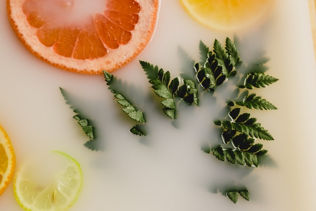 Laranjas e folhas numa água branca.