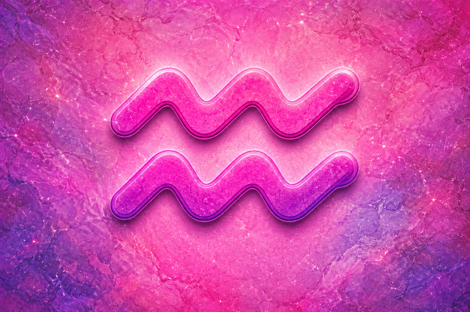 Símbolo do signo de Aquário em destaque sobre fundo texturizado em tons de rosa, roxo e azul.