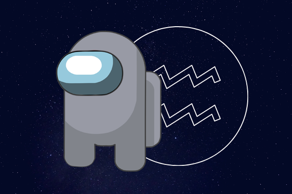 Desenho do boneco de Among Us na cor cinza claro e com o símbolo do signo de Aquário ao lado