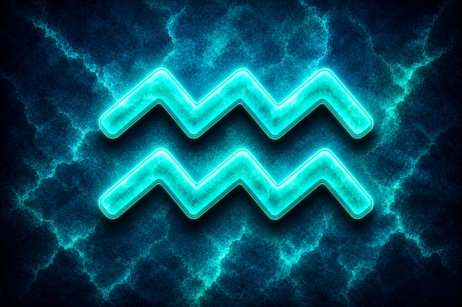 HORÓSCOPO ViRTUaL / Canva Símbolo do signo de Aquário em destaque sobre fundo texturizado em tons de azul e verde-água.