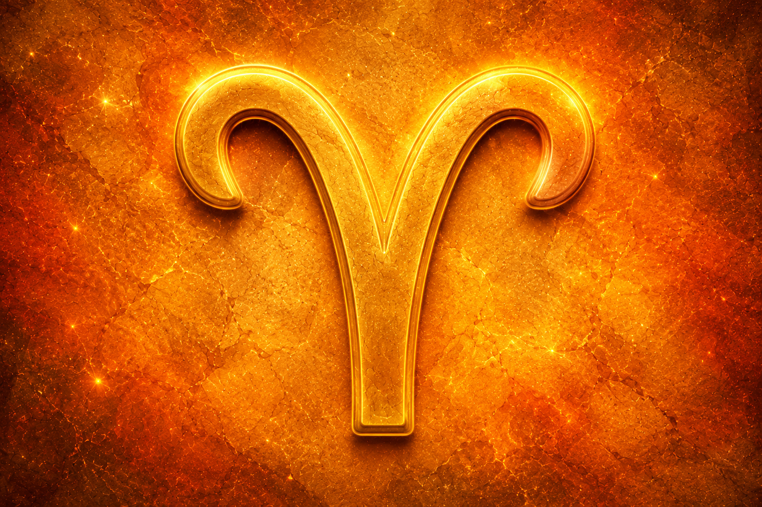 HORÓSCOPO ViRTUaL / Canva Símbolo do signo de Áries em destaque dourado sobre fundo texturizado em tons de laranja e dourado.