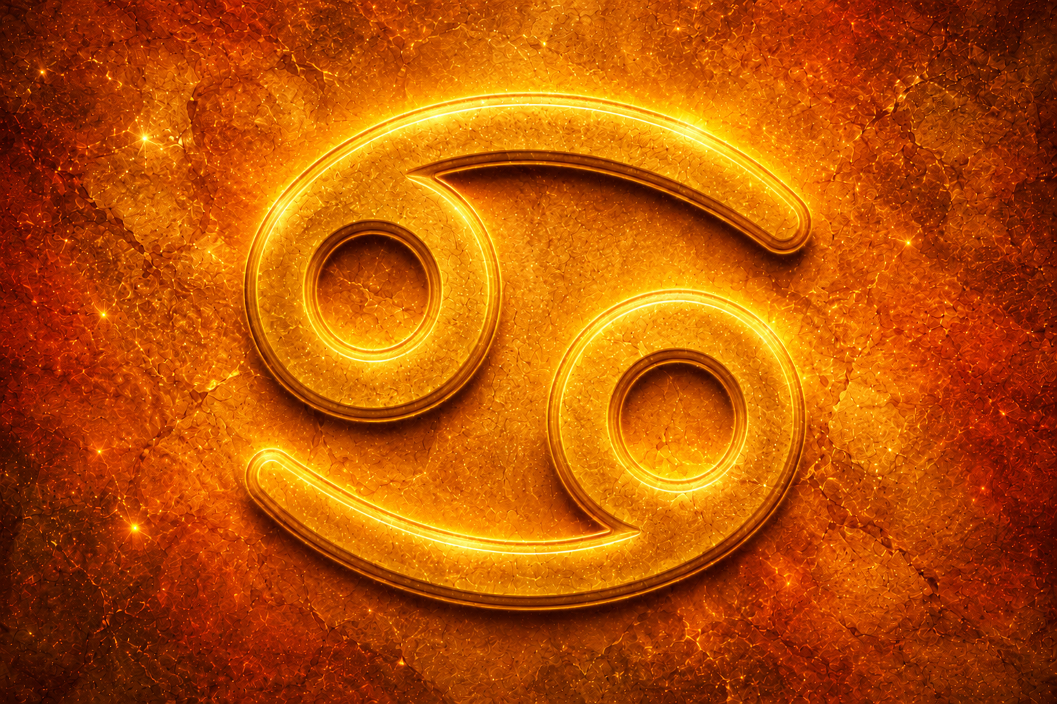 HORÓSCOPO ViRTUaL / Canva Símbolo do signo de Câncer em destaque dourado sobre fundo texturizado em tons de laranja e dourado.