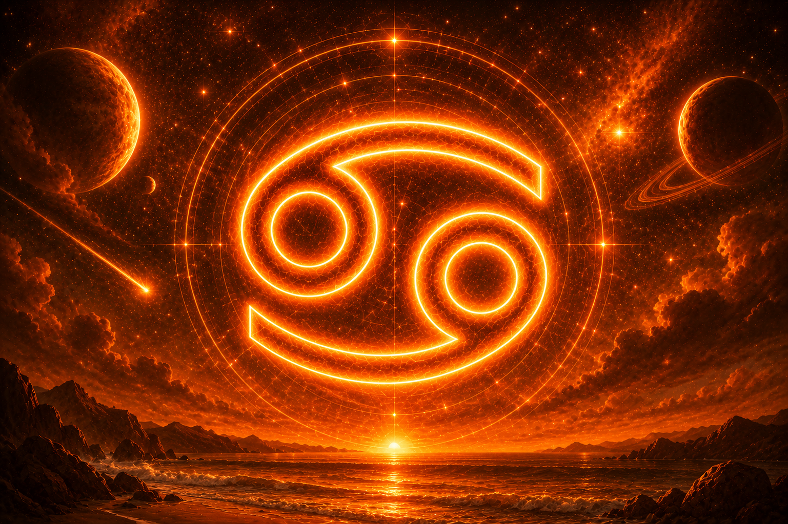 HORÓSCOPO ViRTUaL / Canva Símbolo de Câncer em destaque no centro de uma paisagem cósmica alaranjada, cercado por planetas, estrelas e nebulosas luminosas em um cenário celestial intenso.
