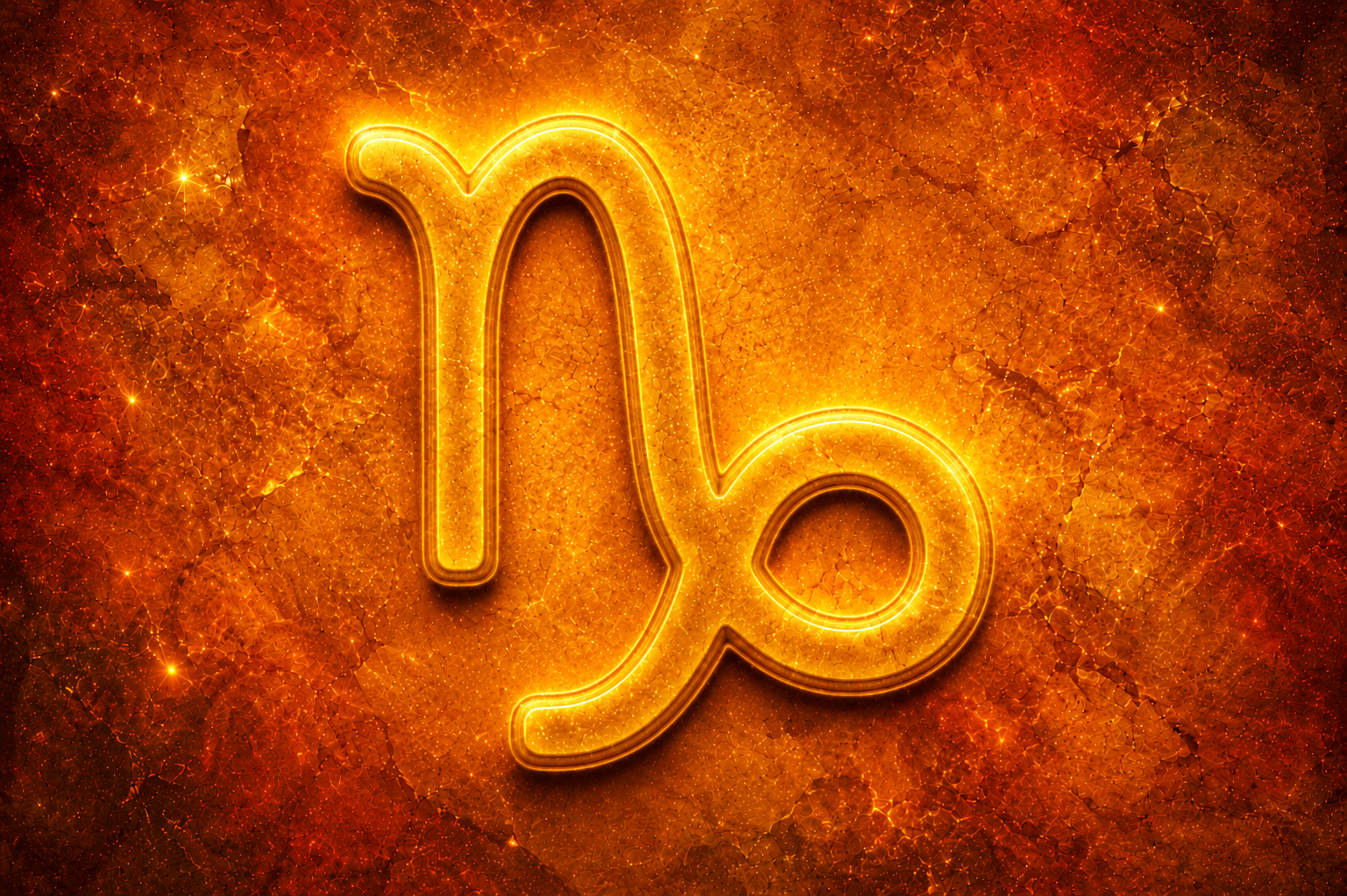 Símbolo do signo de Capricórnio em destaque dourado sobre fundo texturizado em tons de laranja e dourado.