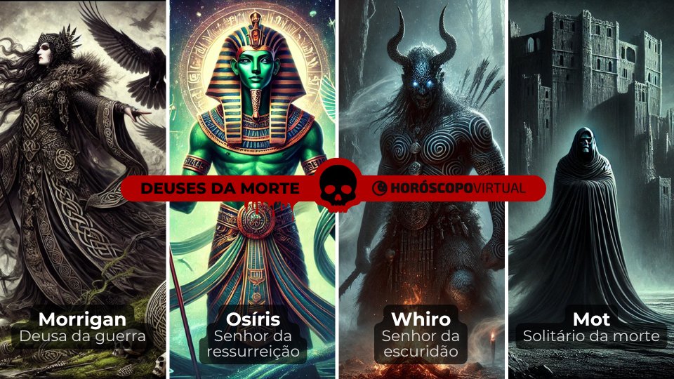 Montagem com os deuses da morte: Morrigan, Osíris, Whiro e Mot