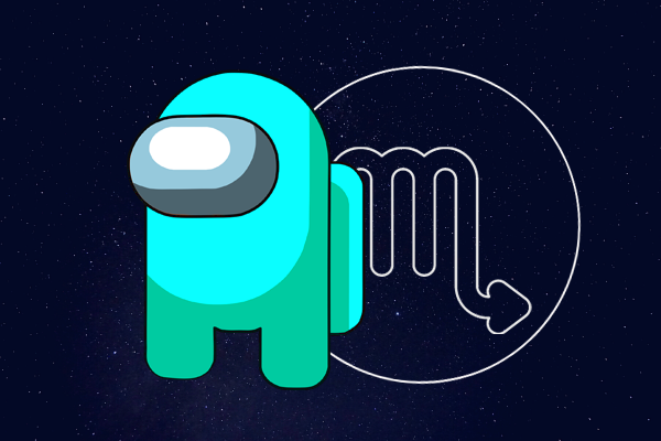 Desenho do boneco de Among Us na cor verde água e com o símbolo do signo de Escorpião ao lado