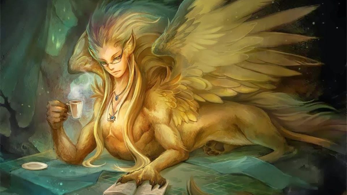 Esfinge lendo um livro e segurando uma xícara de café