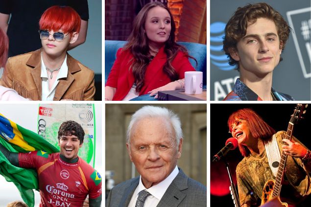 Grid: Kim Taehyung, Larissa Manoela, Timothee Chalamet, Gabriel Medina, Anthony Hopkins e Rita Lee.