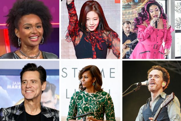 Grid: Natália, Jennie, Glória Groove, Jim Carrey, Michelle Obama e Nando Reis. 