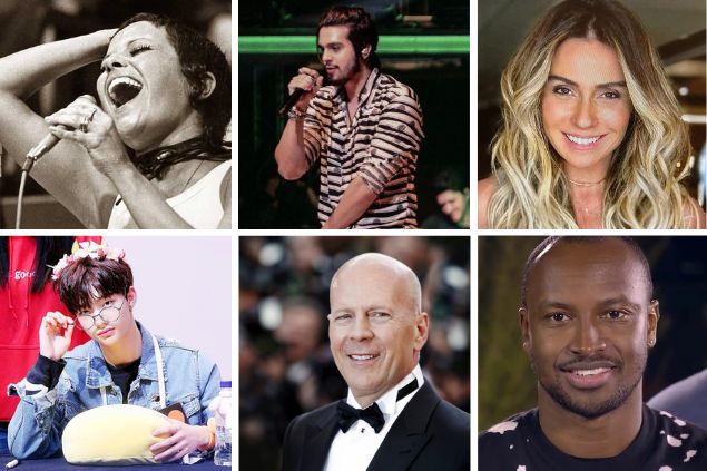 Grid: Elis Regina,, Luan Santana, Giovanna Antonelli, Hyunjin, Bruce Willis e Thiaguinho.