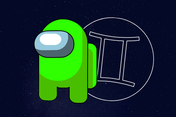 Desenho do boneco de Among Us na cor verde e com o símbolo do signo de Gêmeos ao lado