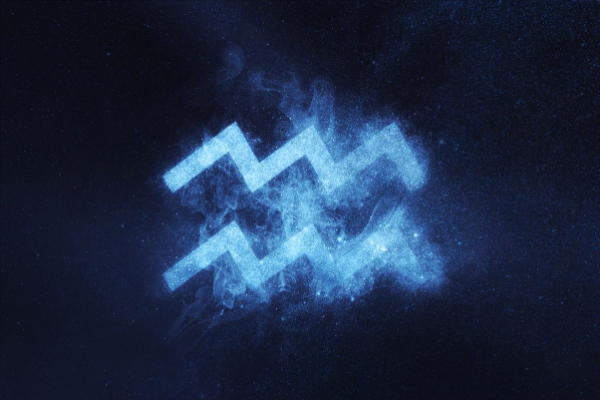 Ilustração do símbolo de Aquário sobre o céu estrelado.