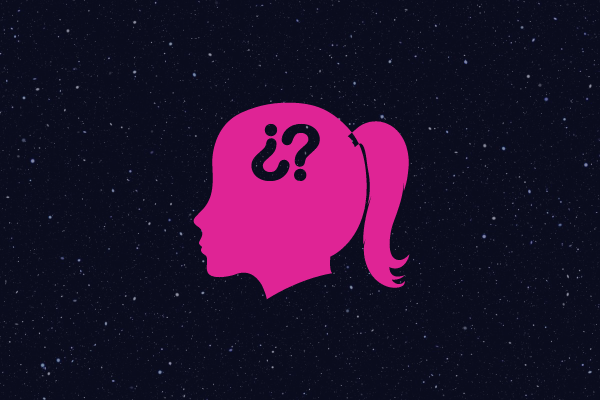 Ilustração de uma mulher de perfil com pontos de interrogação na cabeça
