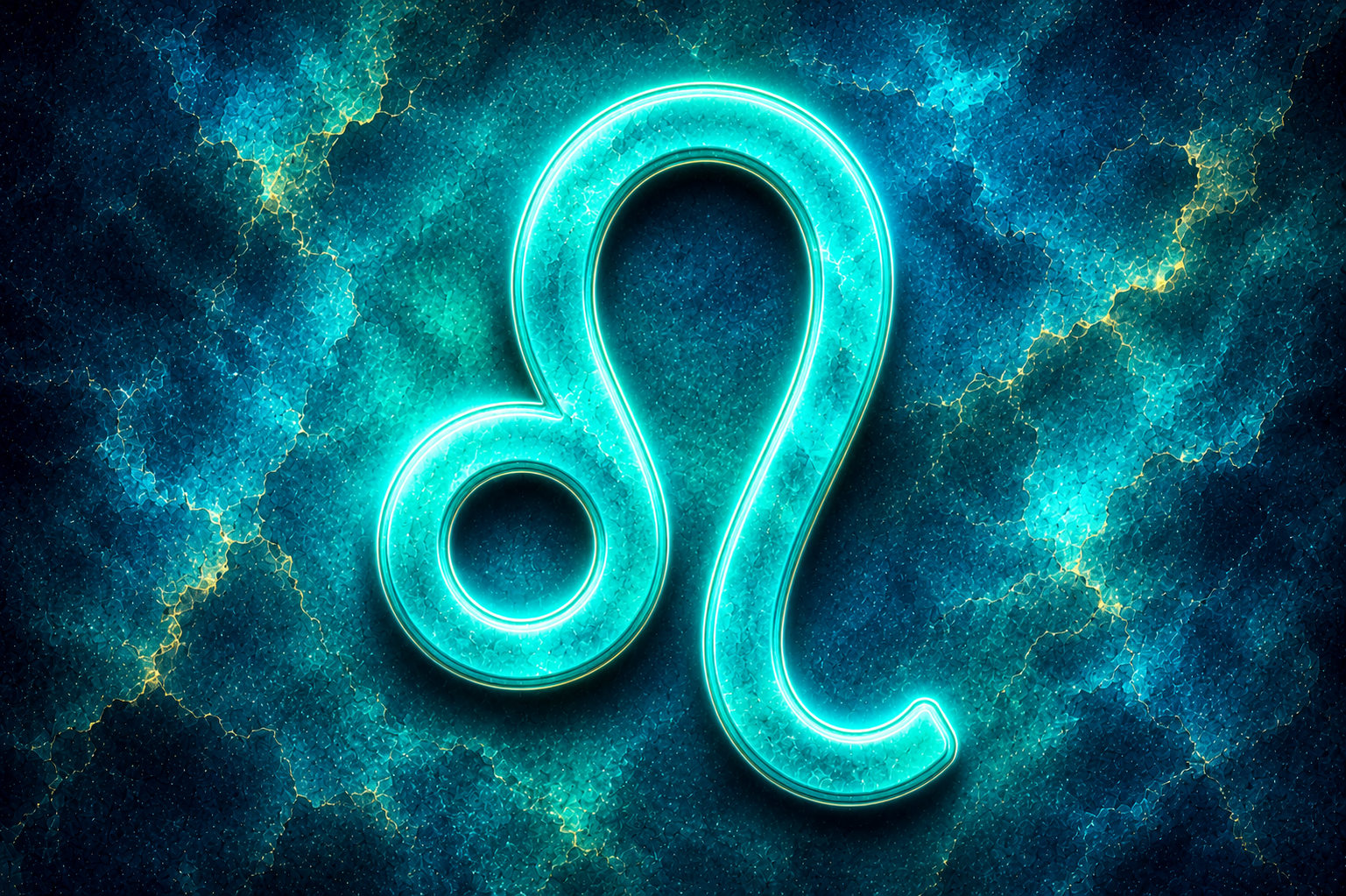HORÓSCOPO ViRTUaL / Canva Símbolo do signo de Leão em destaque sobre fundo texturizado em tons de azul e verde-água.