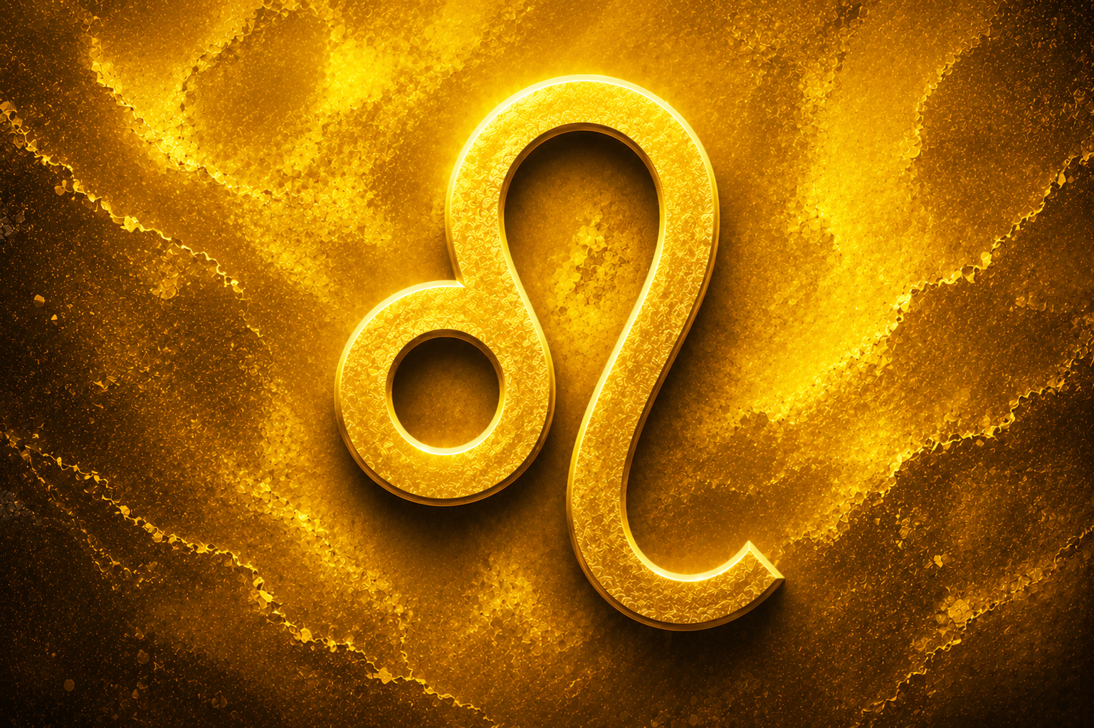 Símbolo do signo de Leão em destaque sobre fundo texturizado em tons de amarelo e dourado.