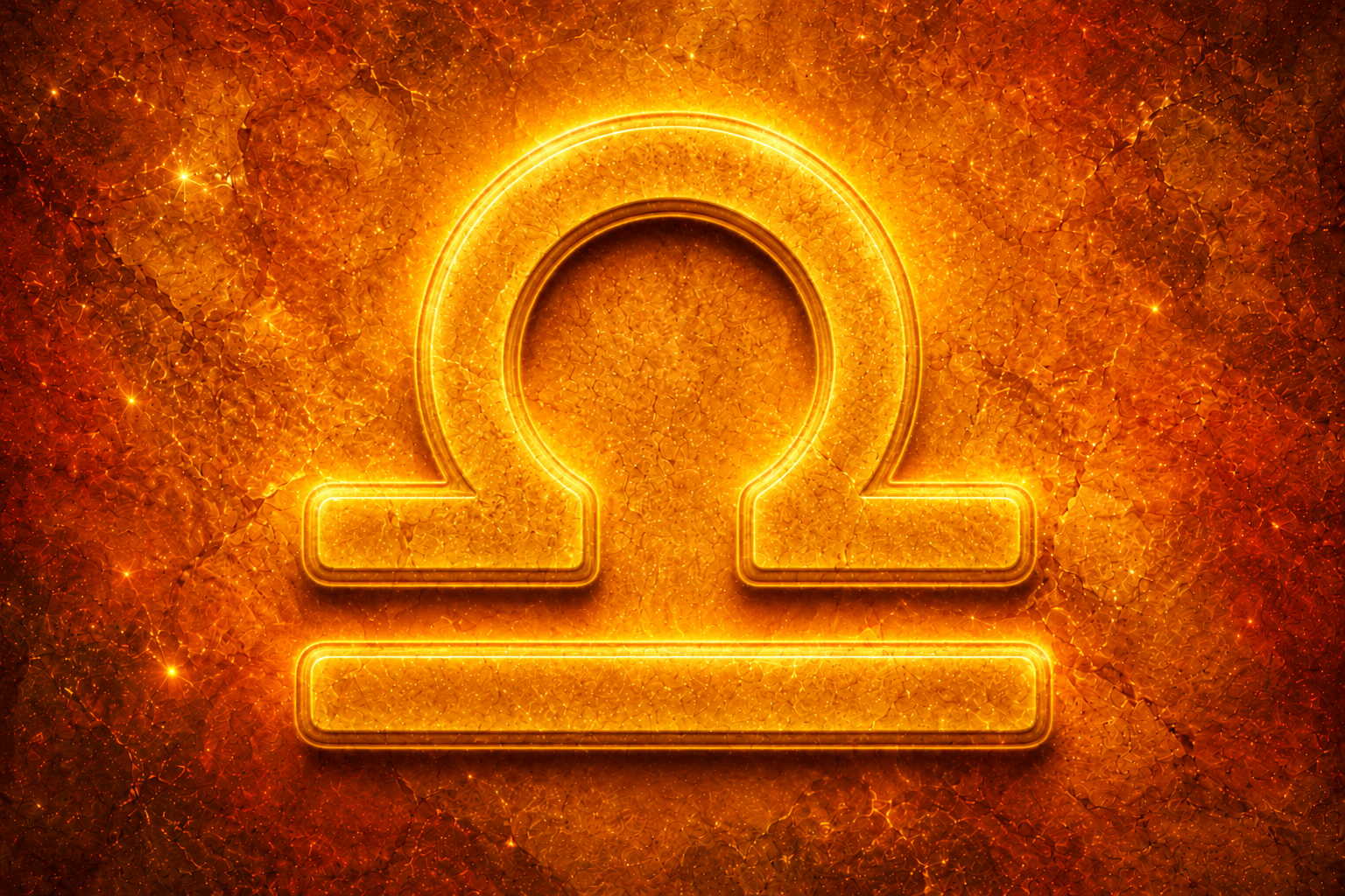 HORÓSCOPO ViRTUaL / Canva Símbolo do signo de Libra em destaque dourado sobre fundo texturizado em tons de laranja e dourado.