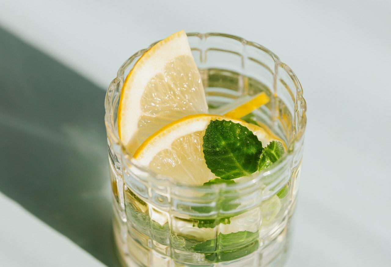 Copo com líquido transparente, rodelas de limão e folhas de hortelã dentro.