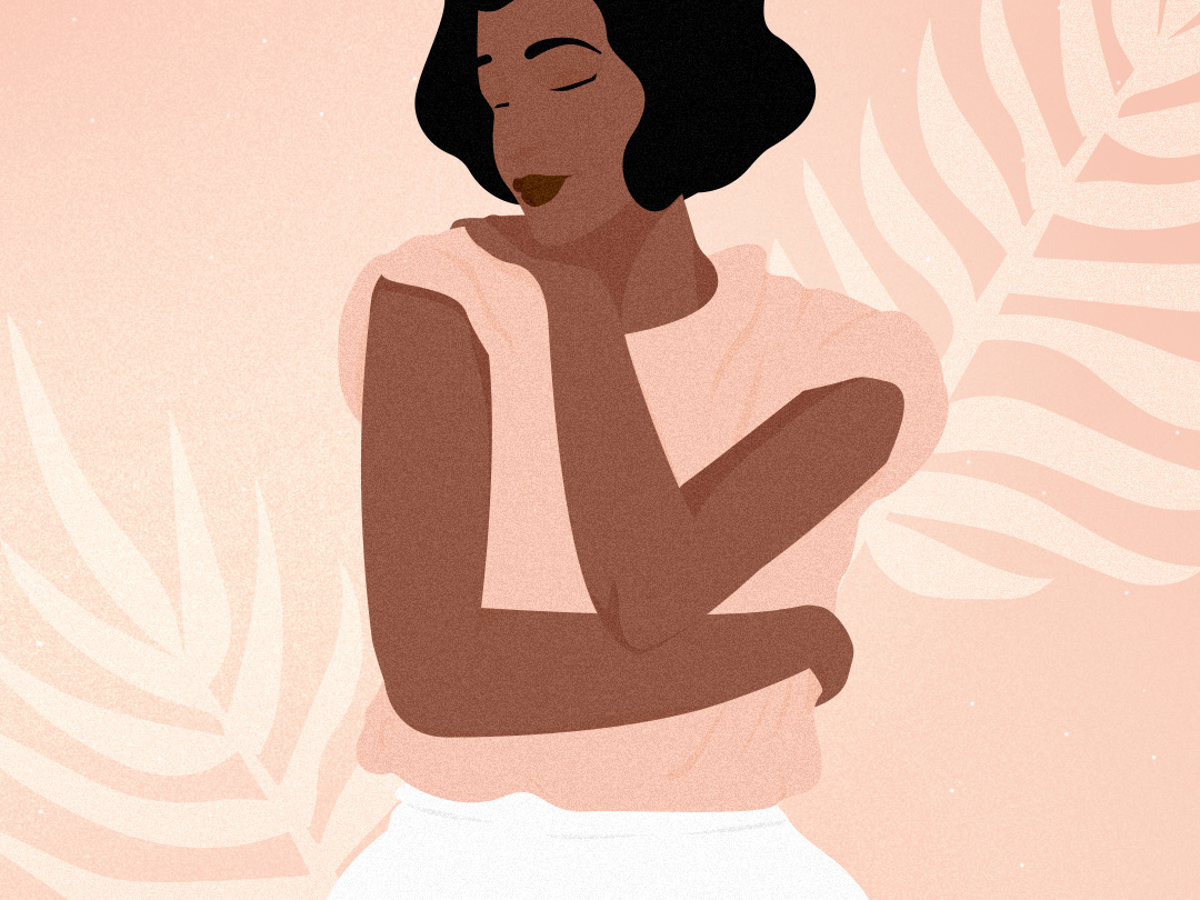 Ilustração de uma mulher abraçando a si mesma.