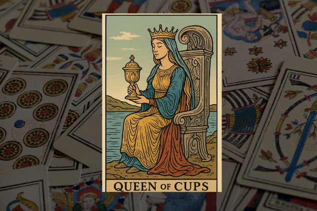 Imagem de fundo com numa variedade de cartas do tarot. Em destaque, a imagem da carta da Rainha de Copas.