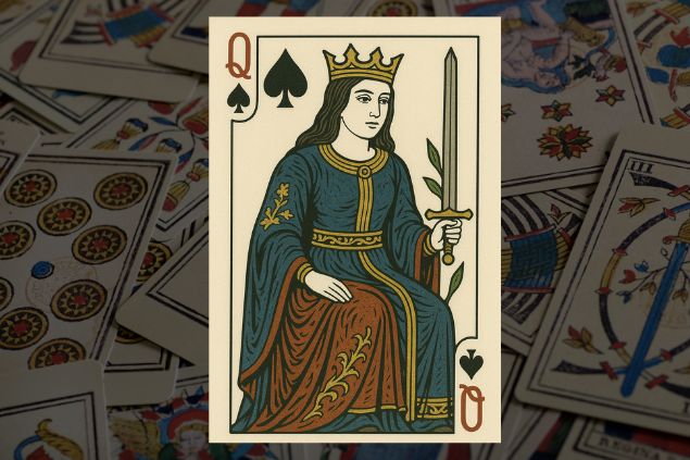 Imagem de fundo com várias cartas do tarot e em destaque a imagem da rainha de espadas.