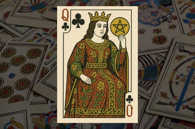 Imagem de fundo com várias cartas do tarto e em destaque a foto da rainha de ouros.