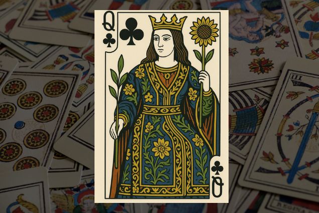 Imagem de fundo com várias cartas do tarot e em destaque a imagem da rainha de paus.