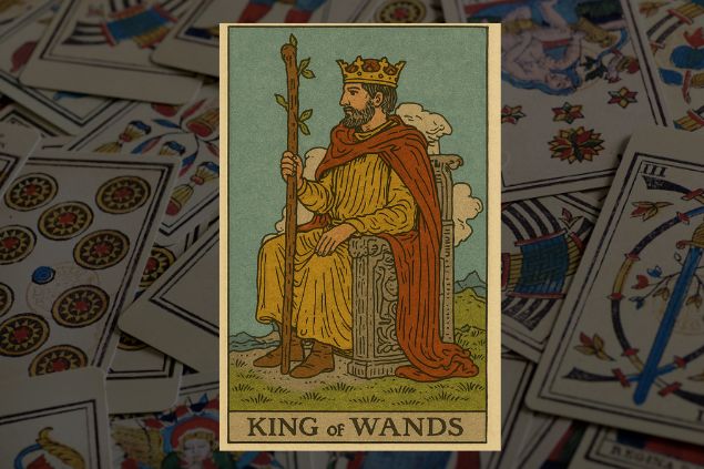 Imagem de fundo com numa variedade de cartas do tarot. Em destaque, a imagem da carta da Rei de Paus.