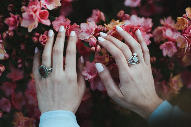 Unhas brancas em flores rosas.