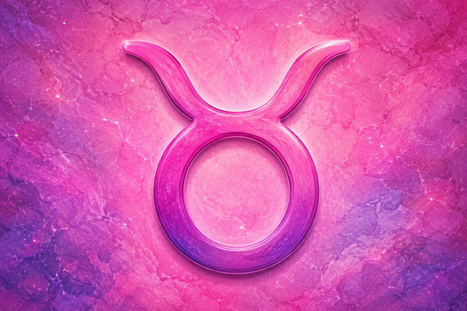 Símbolo do signo de Touro em destaque sobre fundo texturizado em tons de rosa, roxo e azul.