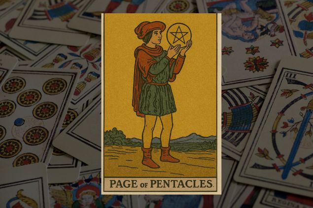 Imagem de fundo com numa variedade de cartas do tarot. Em destaque, a imagem da carta do Valete de Ouro