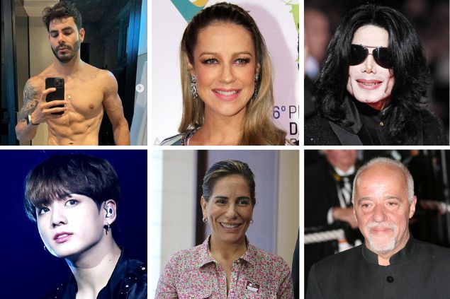 Grid: Rodolffo, Luana Piovani, Michael Jackson, Jeon Jung-kook, Glória Pires, Paulo Coelho.